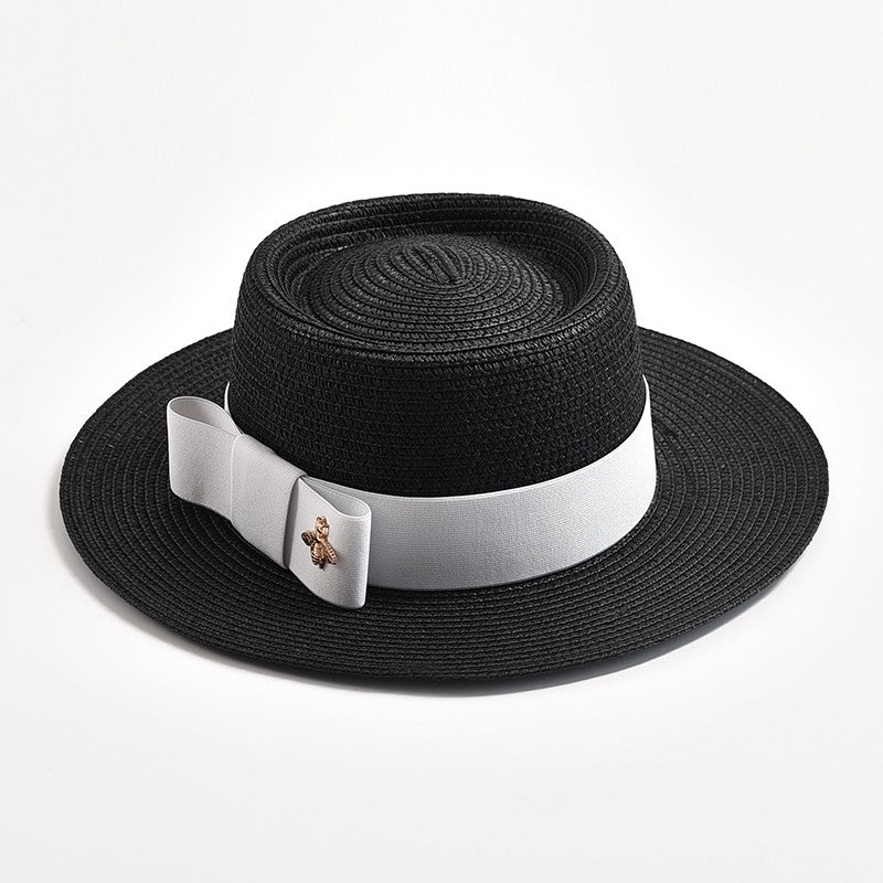 Novos Chapéus de Palha Primavera Verão Femininos de Superfície Ondulada, Topo Reto, Laço, Boné de Vestido, Chapéu de Sol para Viagem e Praia, Gorra