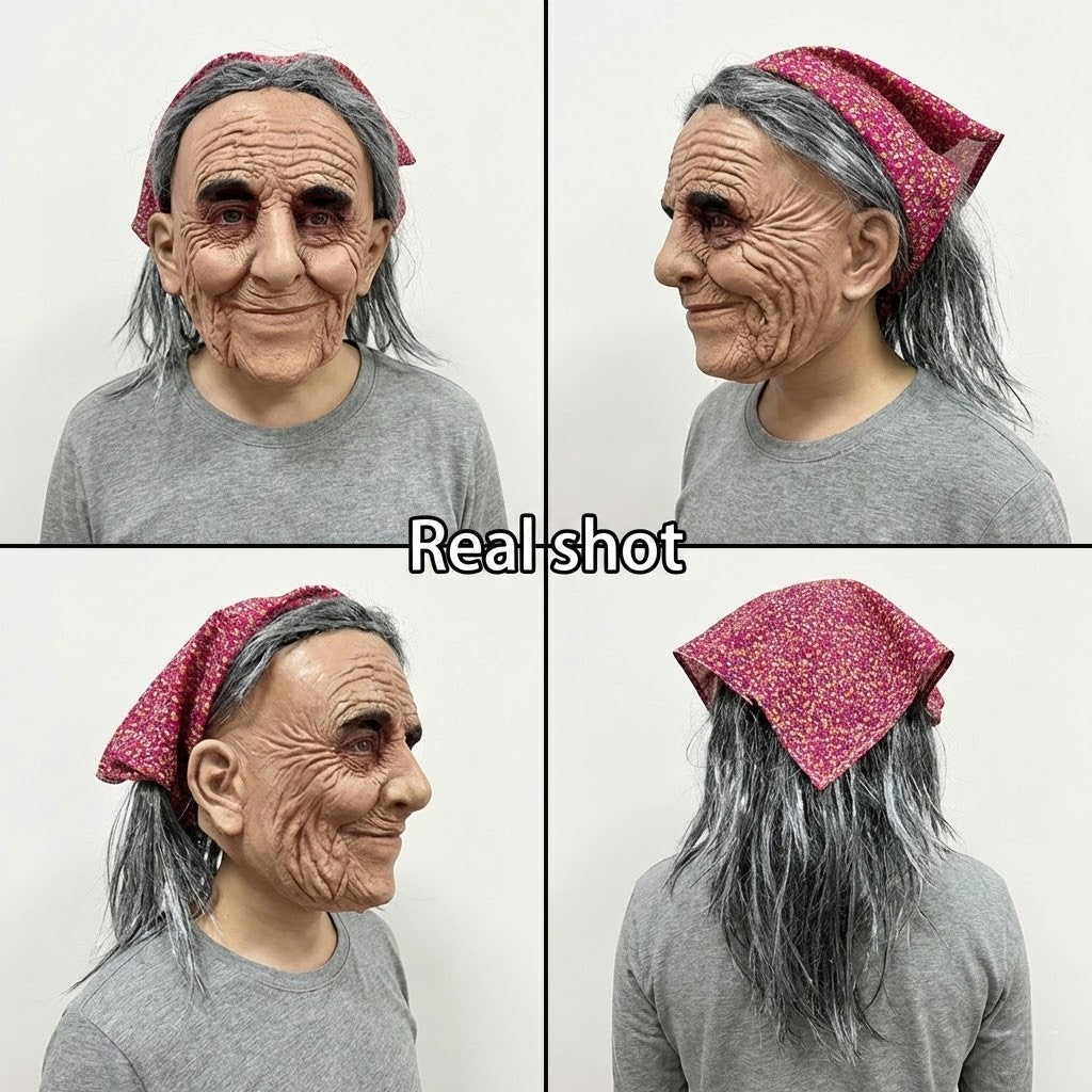 Unique Old Grandma Mask Halloween Carnival Costume Party Realistic Peasant Woman Performance Mask