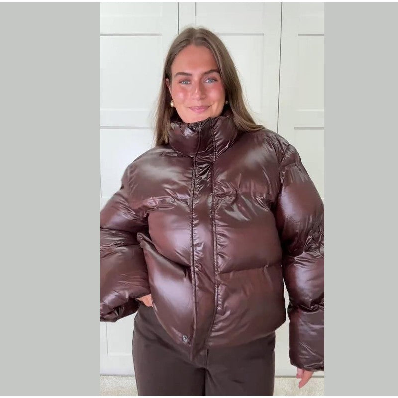 Fashion Glossy Padded Jacket Women's Solid Turtleneck Long Sleeve Warm Down Coat 2025 Autumn Winter New Lady Casual Outerwear