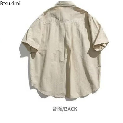 Men's Japanese Style Cargo Shirts Vintage Laple Short Sleeve Shirts 2025 Spring Summer Loose Casual Shirt Jacket Male Streetwear