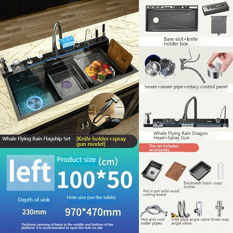 Stainless Steel kitchen Sink With Waterfall Golden Large Single Slot Multifunctional Digital Display Sinks 100*50CM