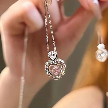 Colar coreano com pingente de laço de coração de cristal rosa, corrente prateada, para mulheres, joias estéticas para casamento