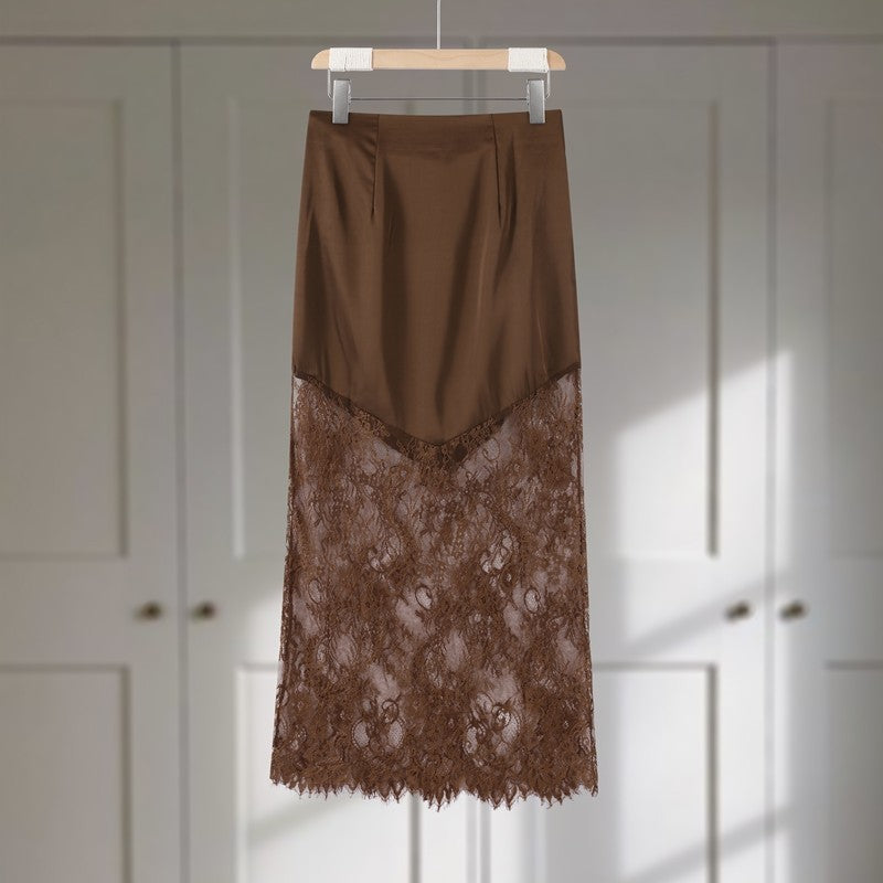 Satin Skirts Women Loose High Waist Patchwork Lace See Through Skirt Female 2025 Chic Solid Sexy Elegant Streetwears