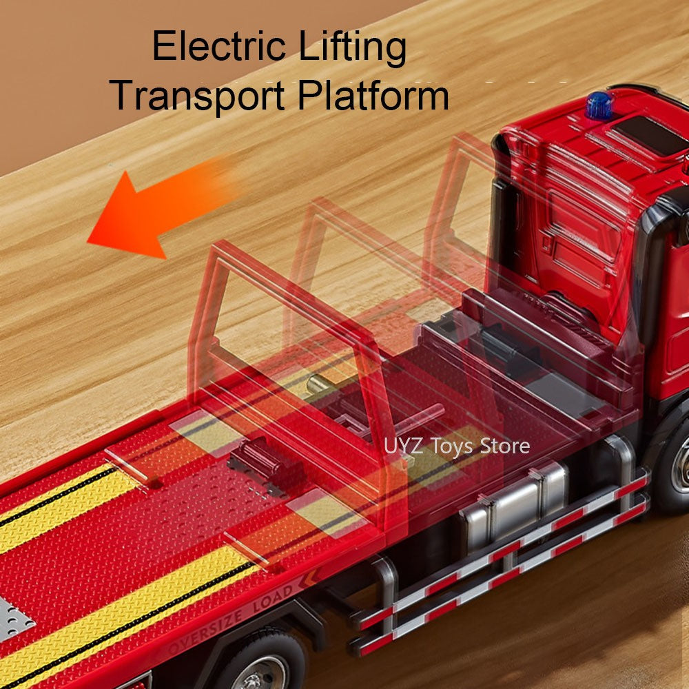 Caminhão de Bomba de Cimento com Reboque de Plataforma Elétrica 1:24, Brinquedos de Modelo, Carro de Liga Fundida, Portas Abríveis, Luz e Som, Veículo Presente para Menino