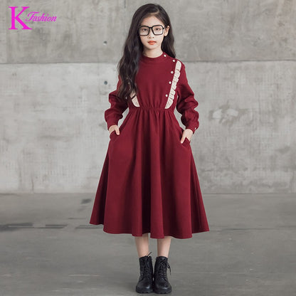 Girls' Dress New Style For  Children Stand Collar Waist-Cinching Slimming Mid-Length Dress Long Sleeve For Kids 5-12Y