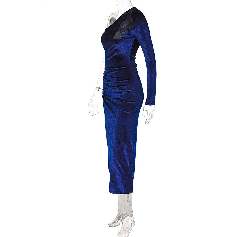 Women Elegant Long Sleeve Party Evening Velvet Bodycon Split Pencil Midi Dress S