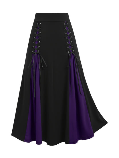 European and American fashion women's plus-size skirt color matching buttonhole lace-up high waist A-line skirt