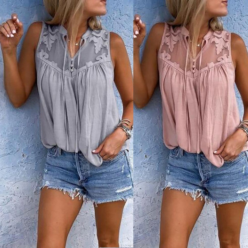 Women Lace Patchwork Blouse Tops Summer Tie Collar Sleeveless Chiffon Loose Blouse Shirts ARJ-0719003