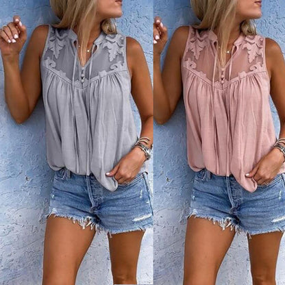 Women Lace Patchwork Blouse Tops Summer Tie Collar Sleeveless Chiffon Loose Blouse Shirts ARJ-0719003