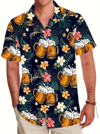 Men's Beer & Leaves 3D Print Shirt Short Sleeve Button-Up Lapel Collar Top Summer Holiday Beachwear