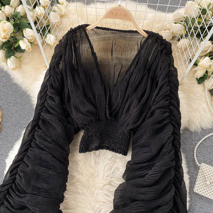 Summer Sexy Draped Chiffon Blouse For Women Elegant V-Neck Puff Long Sleeve Short Tops Female Slim Party Shirts 2022 New Fashion