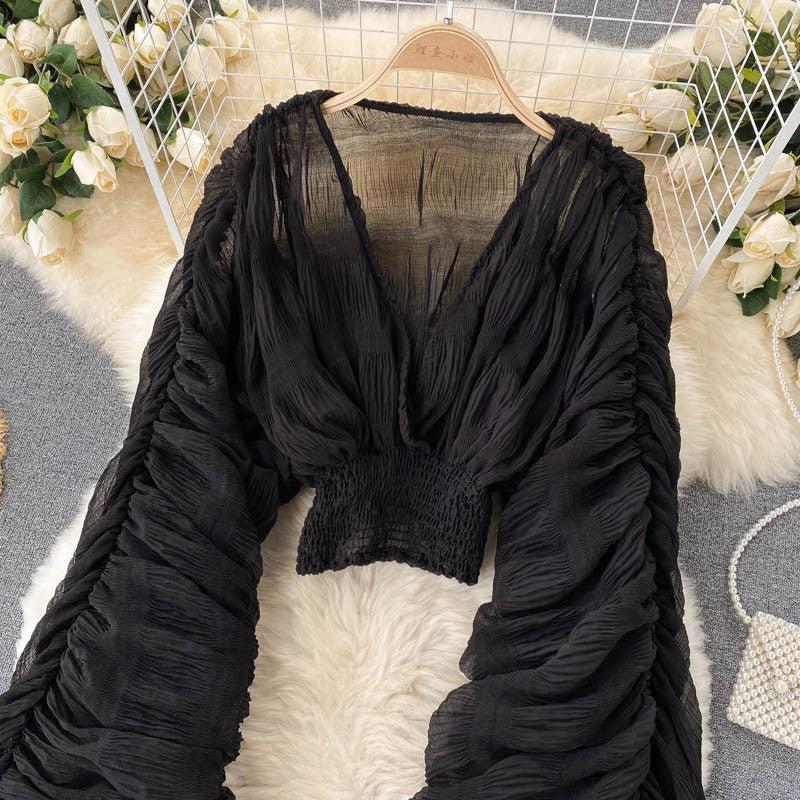 Summer Sexy Draped Chiffon Blouse For Women Elegant V-Neck Puff Long Sleeve Short Tops Female Slim Party Shirts 2022 New Fashion