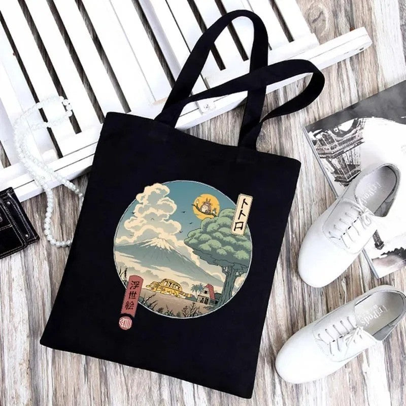 Sacola de Ombro Dobrável em Lona Preta Studio Ghibli, Leve, Grande, Reutilizável, Ecológica para Uso Casual