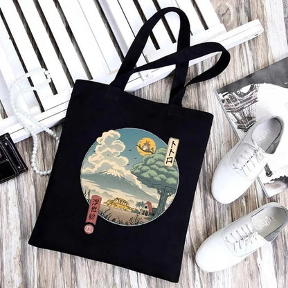 Sacola de Ombro Dobrável em Lona Preta Studio Ghibli, Leve, Grande, Reutilizável, Ecológica para Uso Casual