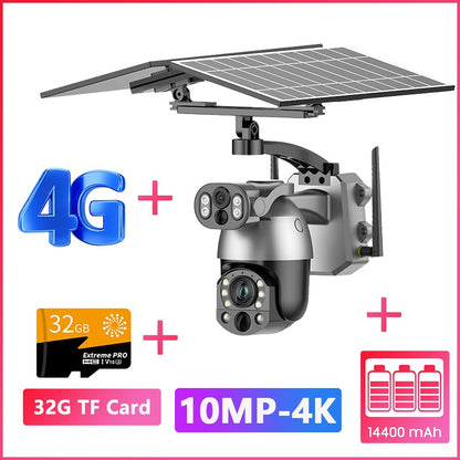 UNENTGT 4k Dual Lens View 50X Optical Zoom Solar Battery PTZ Camera 10MP SIM Card Outdoor Wifi CCTV Solaire Surveillance Camera