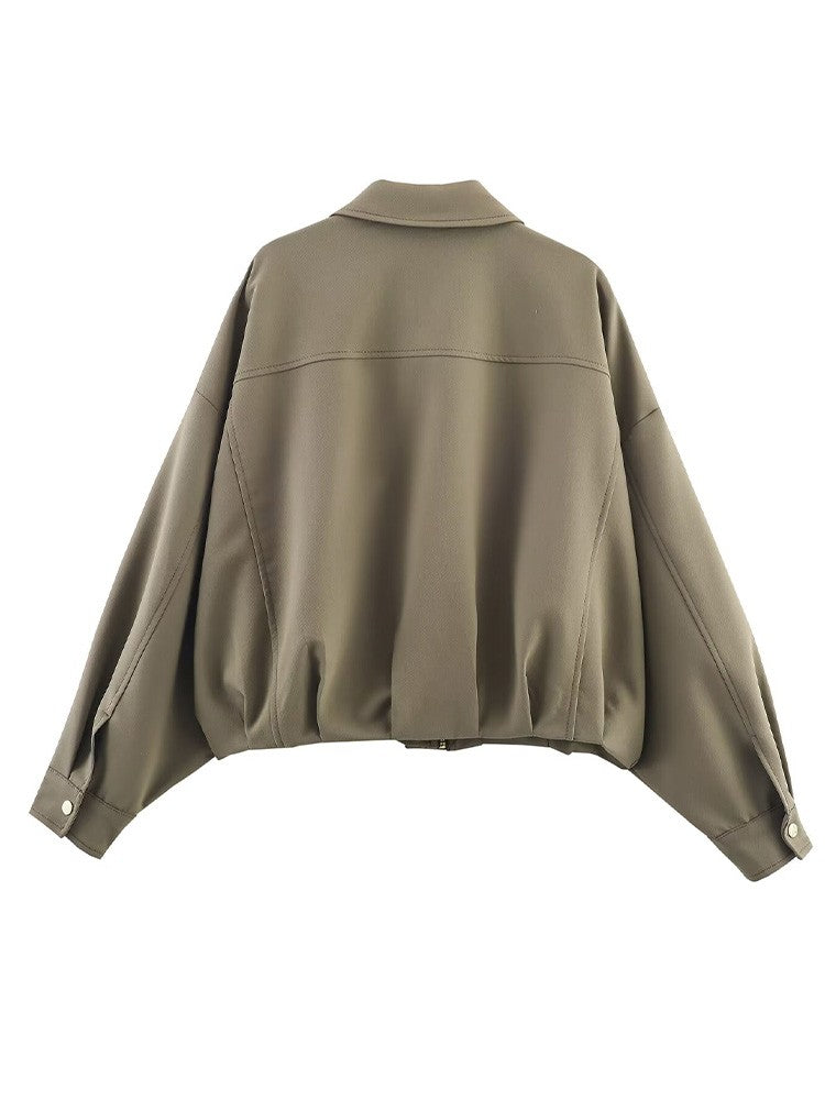 HH Woman Autumn Pleat Hem Pilot Jacket Solid Turn-Down Collar Zipper Single-Breasted Woman Fashion Long-Sleeved Pockets Coat