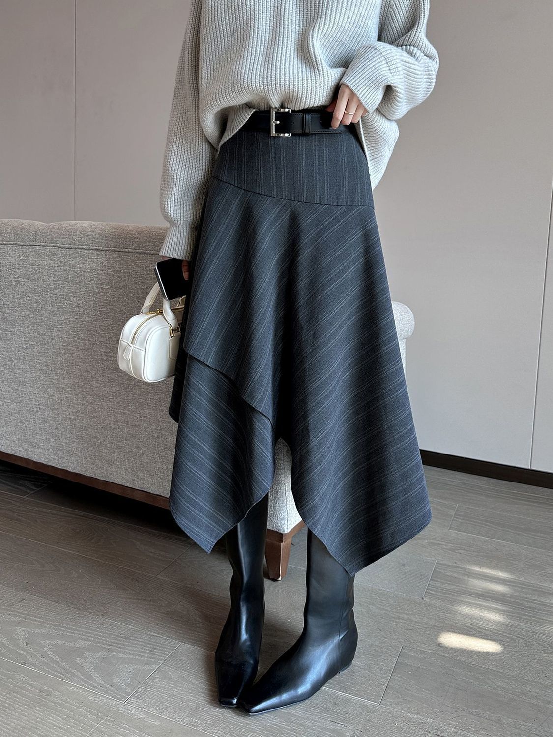 Women Clothing Autumn Winter Fashion Korean Striped A-line Skirt High Waist Female Versatile Appear Thin Irregular Soft Skirt