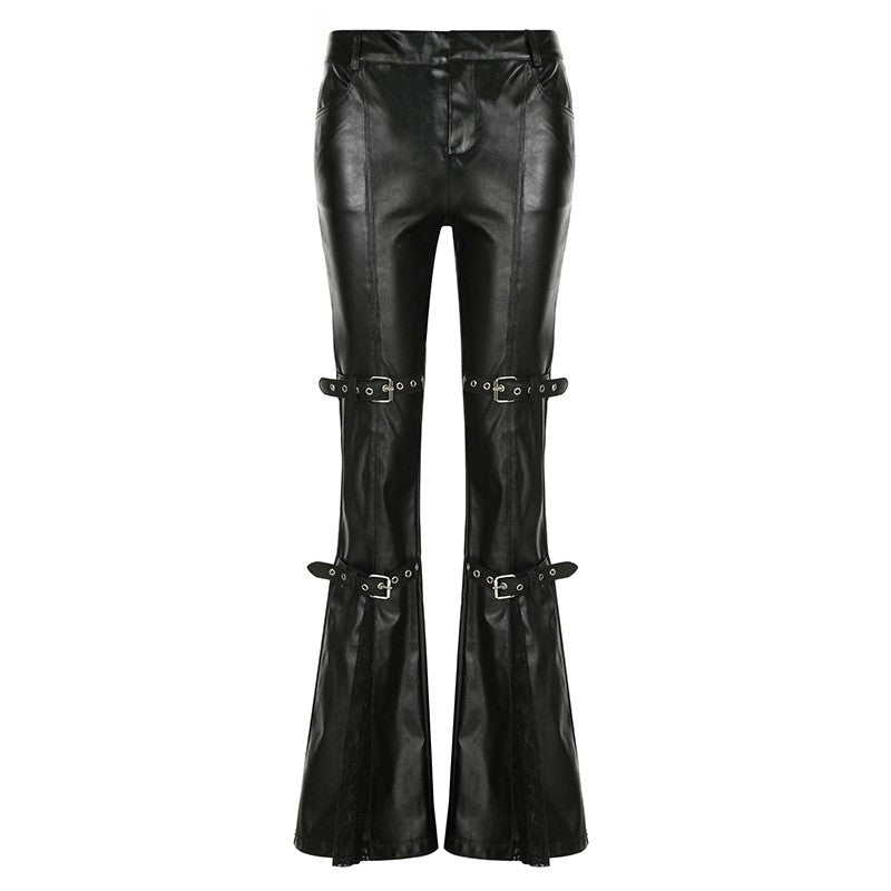 PU Leather Flare Pant Goth Buckle Lace Patchwork Pants Women Fashion Y2K Streetwear Vintage Aesthetics Casual Pants Trousers