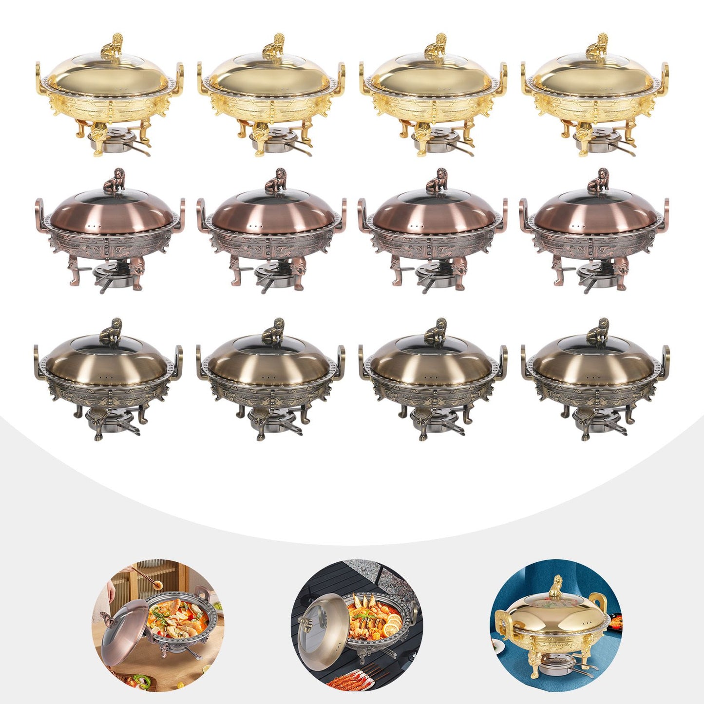 4PCS Chafing Dishes, Classical Round Chafing Buffet Set, Stainless Steel Chafers and Buffet Warmers Sets for Gatherings, Events