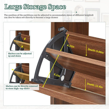 Slim Walnut Shoe Cabinet with Fluted Design and Dual Flip Drawers for Entryway Storage
