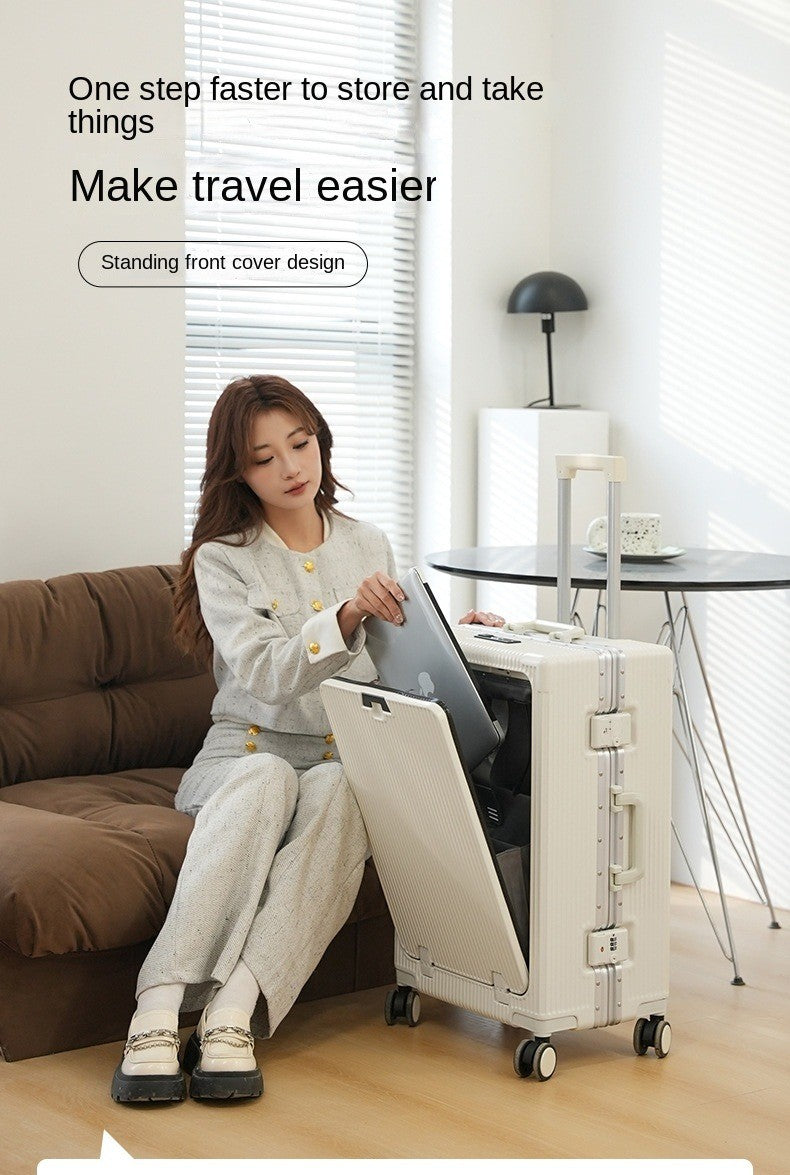 Suitcase Front Opening Pocket Aluminum Alloy Frame Rolling Luggage with USB Charging Plug Trolley Carry-on Case Bag with Wheel