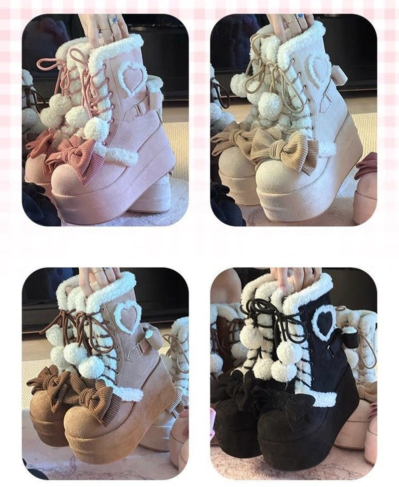 Sweet Winter Girls Lolita Mid-Calf Snow Boots,Cute Female Students Plush Warm Bowknots Lace Up Wedge Heel Heightening Shoes