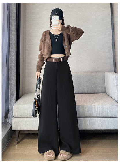 Grey Woolen Wide-leg Suit Pants Women 2025fall Winter New High-waisted Draping Straight-leg Casual Floor-length Thick Trouser
