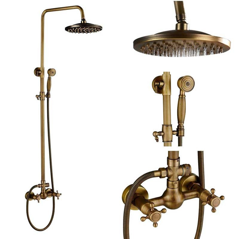 rozin Antique Brass Shower Faucet Set Bathroom Shower Column with Shelf Rainfall Hot Cold Water Mixer Tap Handhold Shower Faucet