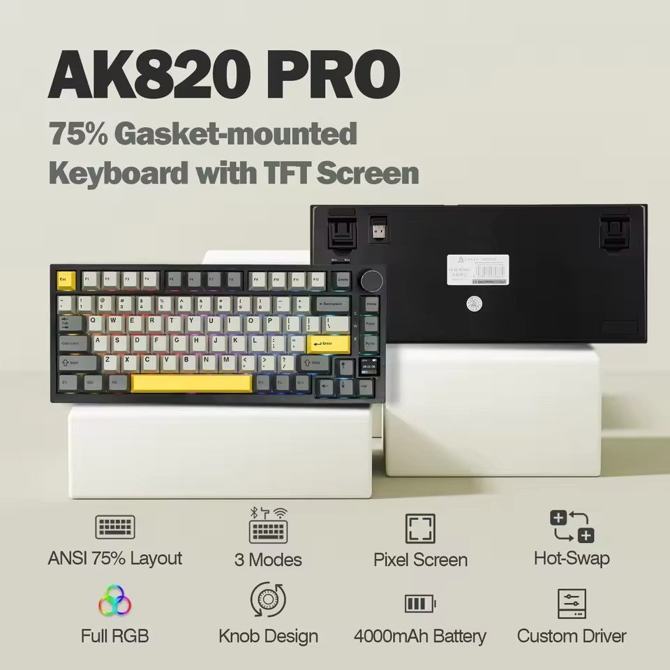 Teclado Gamer Ajazz AK820 Pro com Chave Magnética, Montagem Gasket, Bluetooth 5.1/Wireless 2.4G/USB-C com Fio, Tela TFT, para Mac/Windows