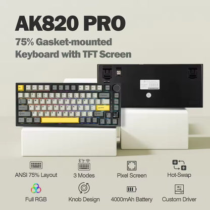 Teclado Gamer Ajazz AK820 Pro com Chave Magnética, Montagem Gasket, Bluetooth 5.1/Wireless 2.4G/USB-C com Fio, Tela TFT, para Mac/Windows