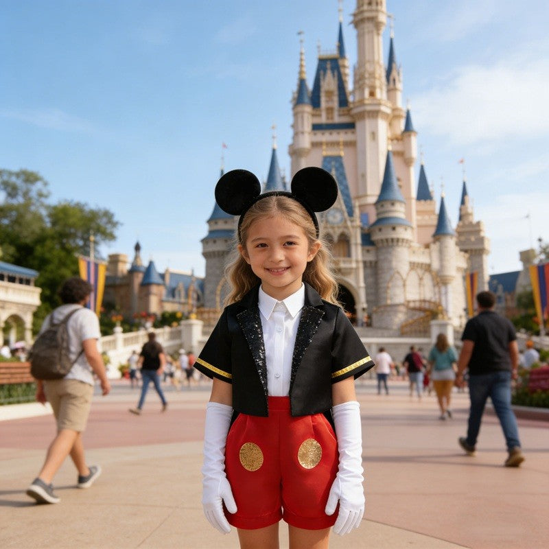 Cartoon Mouse Cosplay Costume Bow Tie Top+Short Sleeve Coat+Suspender Shorts for Halloween Carnival Birthday Outfits