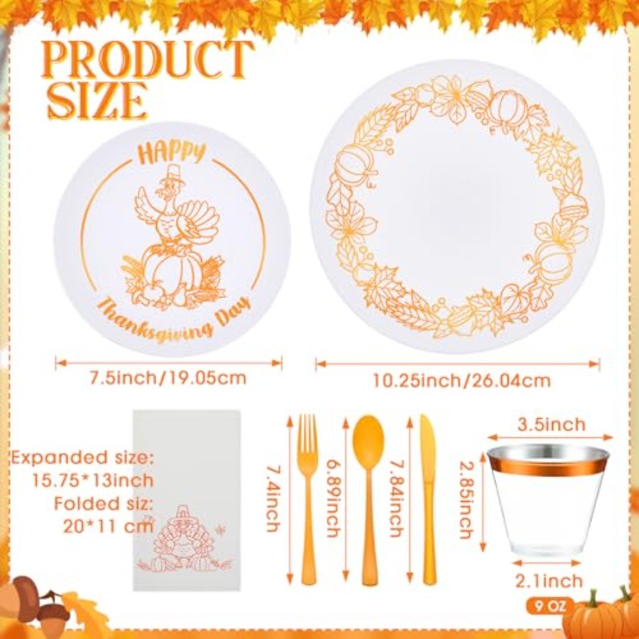 280 Pcs Thanksgiving Plastic Dinnerware Set, Thanksgiving Plates Sets, Includes Dinner Plates Dessert Plates Cups Fall Paper Nap