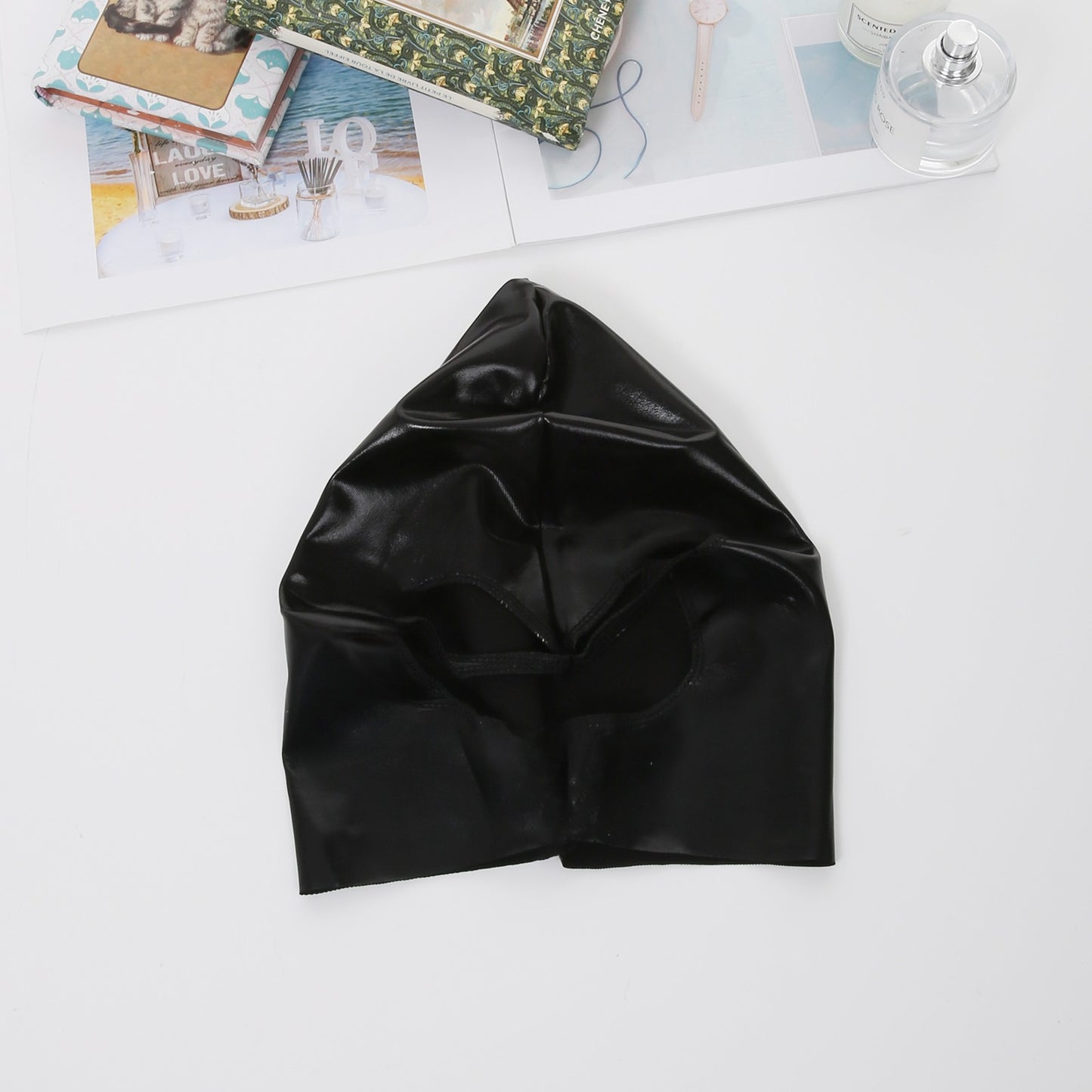 Men Cosplay Wet-Look Hood Head Mask Faux Leather Face Mask Black 3 Holes Cover CS Carnival Role Play Halloween Masks