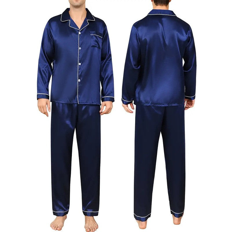2PCS/Set Plus Size Solid Long-Sleeved Pyjamas Men Spring and Autumn Silk Sleepwear Homewear Cardigan Lapel Trousers Nightwear