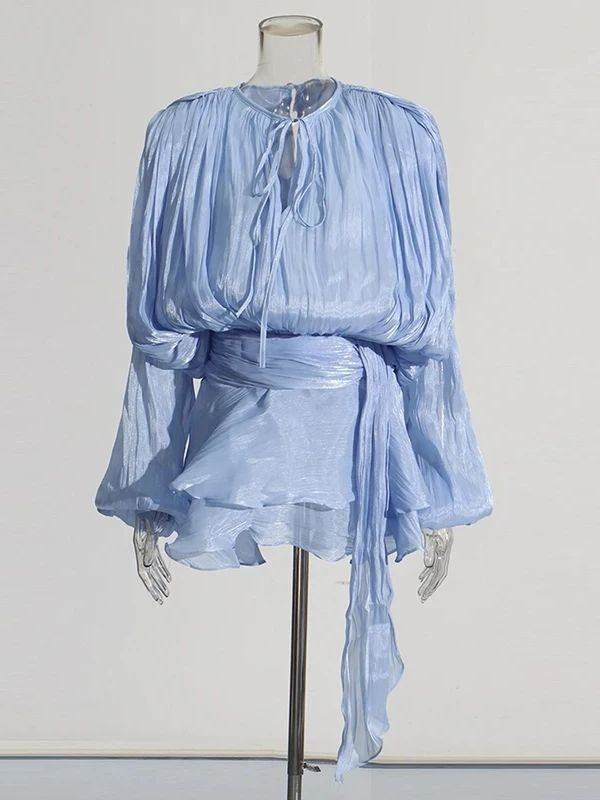 TWOTWINSTYLE Elegant Ruched Mini Dress For Women Round Neck Lantern Long Sleeve