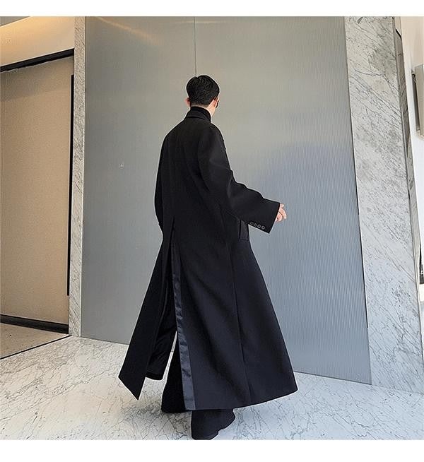 Mauroicardi Spring Autumn Extra Logn Black Oversized Flowy Soft Trench Coat for Men with Back High Slit Loose Casual Overcoat