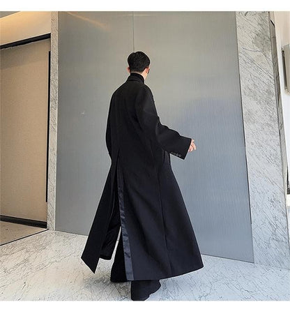 Mauroicardi Spring Autumn Extra Logn Black Oversized Flowy Soft Trench Coat for Men with Back High Slit Loose Casual Overcoat