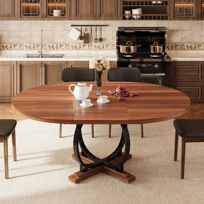 59'' Extendable Round Dining Table for 4 to 6, Kitchen Table with Sturdy X-Base Metal Legs, MDF Board with Backboard Clasp