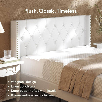 Queen Size Bed Frame, Upholstered in Natural Linen, Platform Bed with Wingback Headboard, Luxury Diamond Tufting, Heavy-