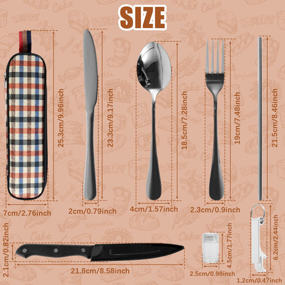 Kit de Talheres de Viagem 10 Peças com Bolsa de Armazenamento Talheres de Viagem de Aço Inoxidável Kit de Utensílios Portátil para Acampamento Kit de Talheres de Viagem