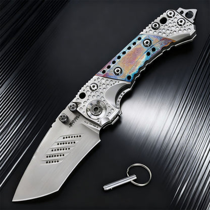 High-end handcrafted heavy-duty folding knife, titanium alloy handle and titanium-baked blue surface, collectible knife, men's g