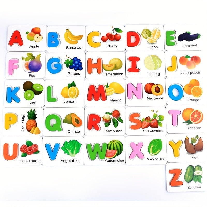Montessori, Wooden Alphabet Cards, Children's Early Education Fruit Cognitive Cards, Kindergarten Enlightenment Puzzle Block Toy