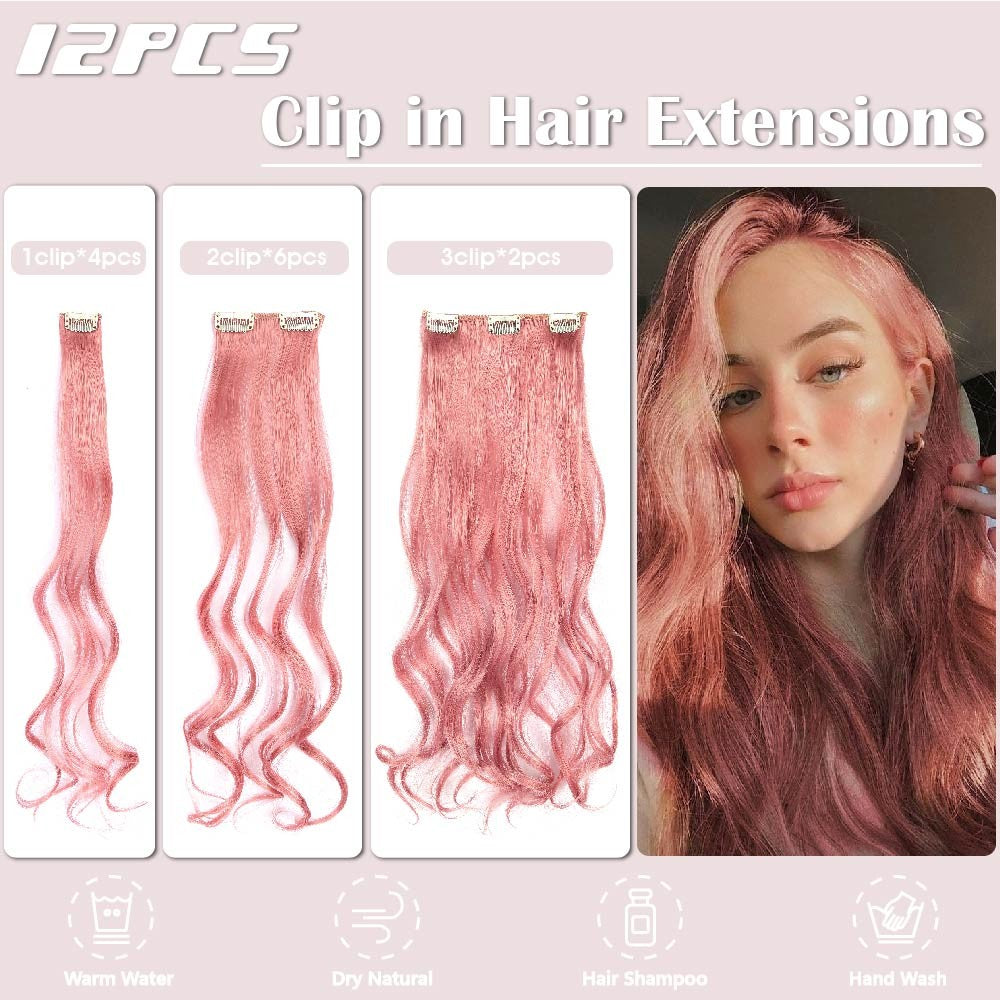 Apliques de Cabelo Rosa 12 Peças Apliques de Cabelo com Clipe de 55 cm de Comprimento Encaracolado Apliques de Cabelo Sintético Macio com Clipe