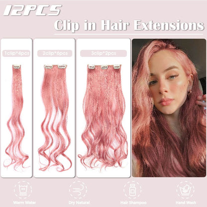 Apliques de Cabelo Rosa 12 Peças Apliques de Cabelo com Clipe de 55 cm de Comprimento Encaracolado Apliques de Cabelo Sintético Macio com Clipe