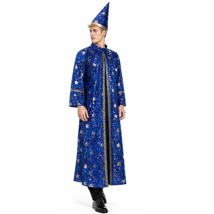 Halloween Wizard Costume Velvet Long Robe Blue Gold Star Print Cloak With Pointed Hat Adult Cosplay Fancy Party Dress Up Outfit