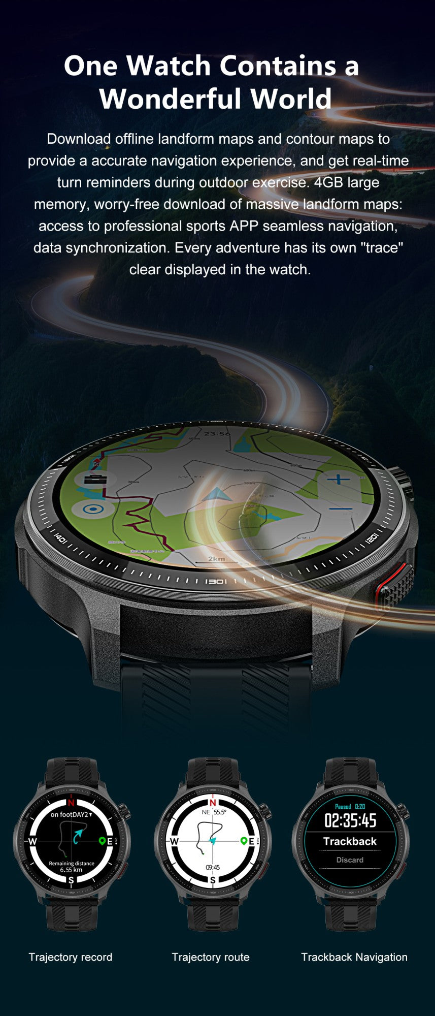 NOVO GPS Mapas Offline Smart Watch 1.43" AMOLED Militar Esportivo Smartwatch 4GB Memória Reprodutor de Vídeo Pulseira à Prova D'água 30m Natação