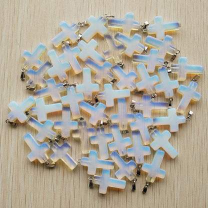 Wholesale 50pcs/lot Fashion Hot Sell Natural Stone Mixed Color Assort Cross Pendants Charms Fit Necklaces Jewelry Making