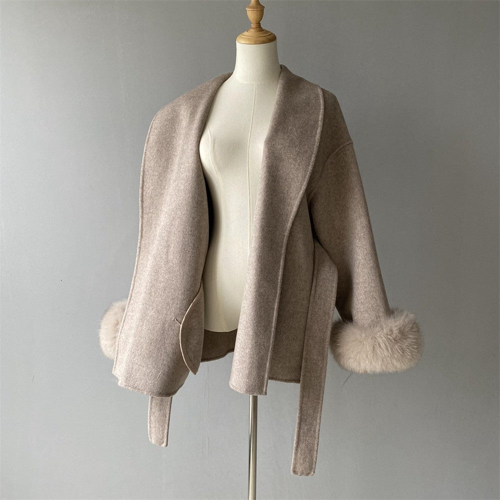 Jxwatcher Women's Wool Coat with Real Fox Fur Cuffs Ladies Elegance Belt Slim Outerwear Fall Winter High-End Wool Coats 2024 New