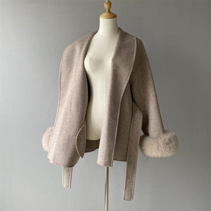 Jxwatcher Women's Wool Coat with Real Fox Fur Cuffs Ladies Elegance Belt Slim Outerwear Fall Winter High-End Wool Coats 2024 New