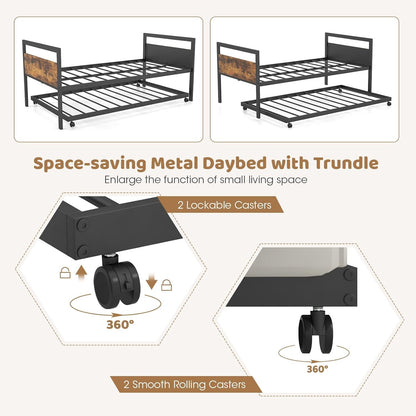 Daybed de Metal com Cama Auxiliar, Cama Auxiliar de Solteiro com Suporte de Metal e Cabeceira de Madeira Rústica, Cama de Dia Economizadora de Espaço